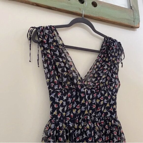 ZARA BASIC Sleeveless Ink Blue/Black Bird Print Chiffon Knee Length Dress XS - Picture 6 of 16